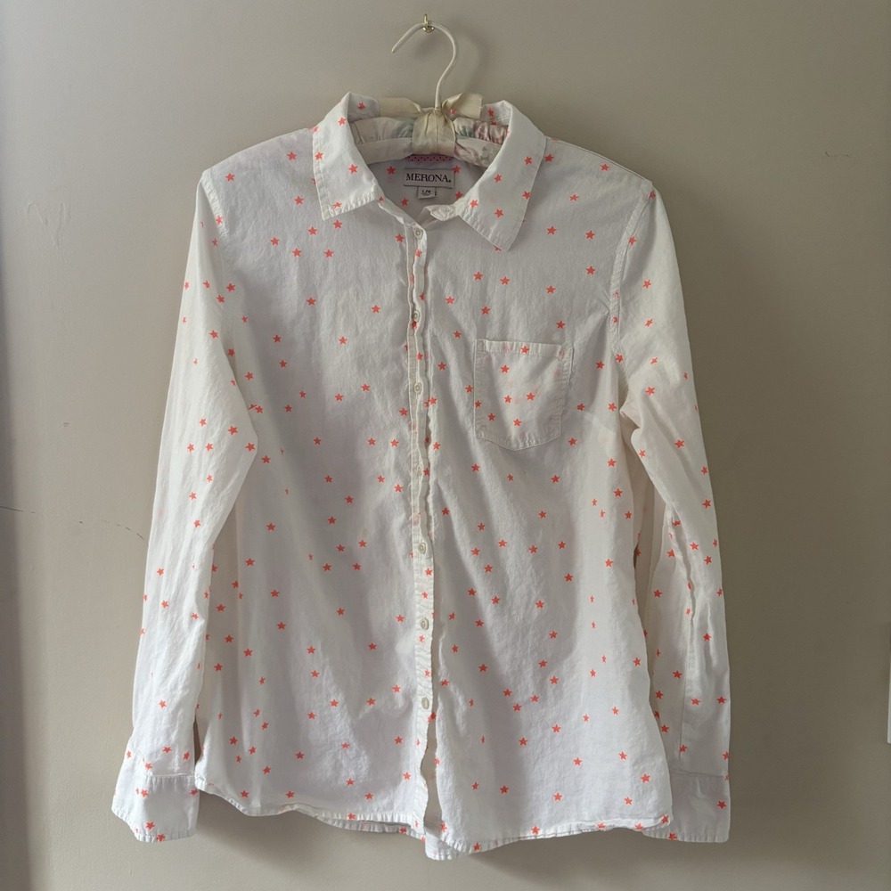 L White Merona 100% Cotton Button-Up Shirt Orange Star Pattern With Front Pocket